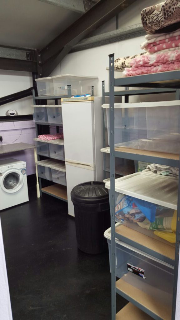 A storage room containing metal shelving units filled with clear plastic bins, a white refrigerator, and a washing machine.