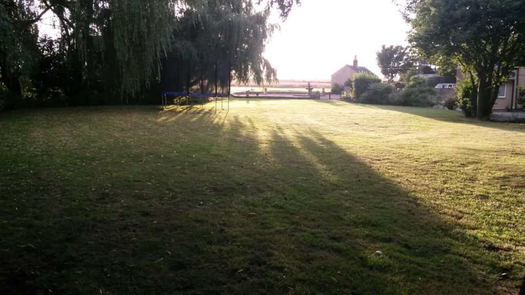 A vast green lawn at sunset, featuring a trampoline to the left and a building in the far distance under a bright sky.